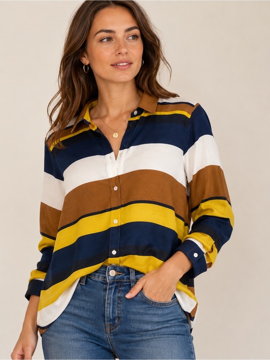 Chico's Tops - Chico’s Size 3 Striped Button Front Tunic Blouse Mustard Navy White Career Boho